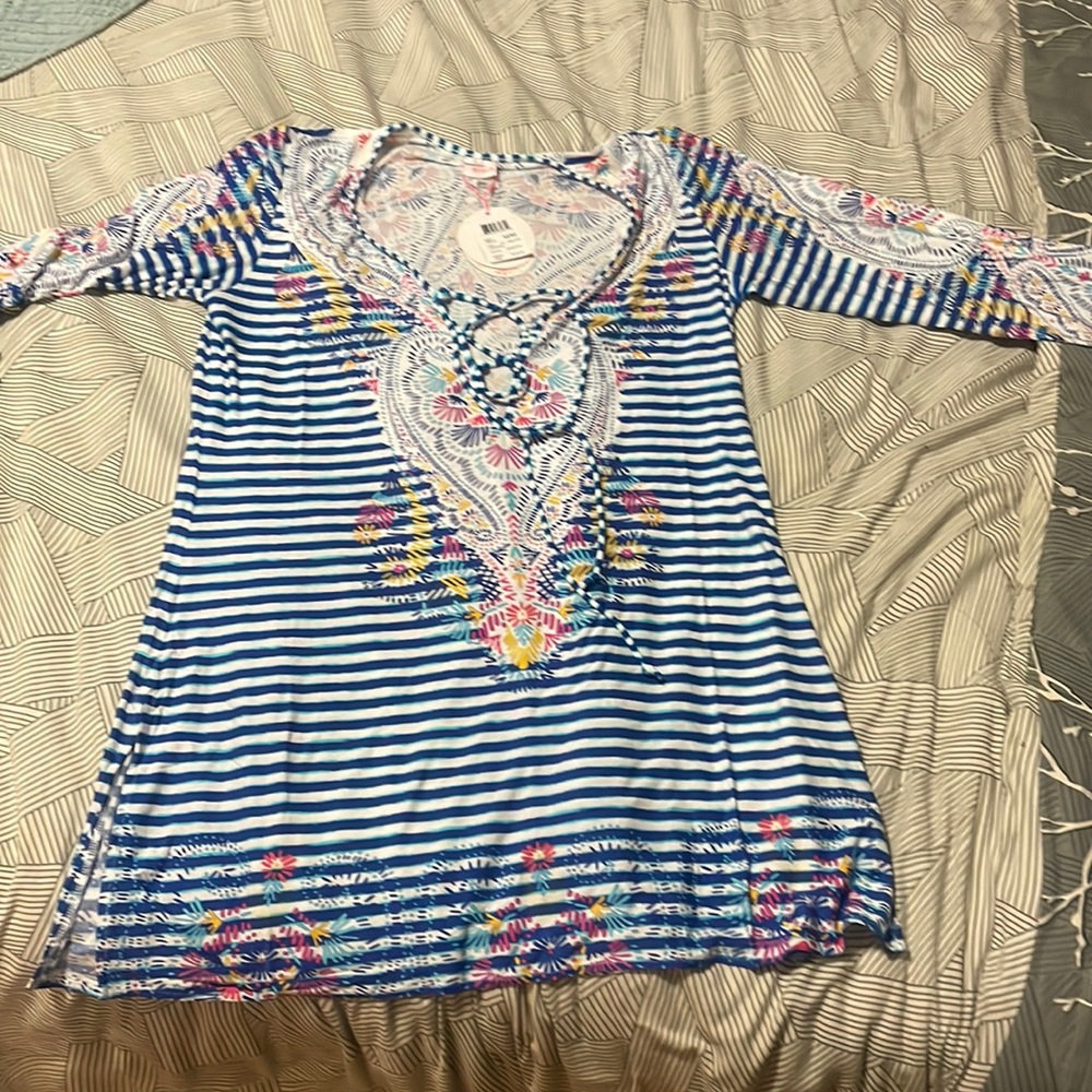 NWT Profile Blush Women's Dress Swim Cover-Up Small Paisley Striped V Neck